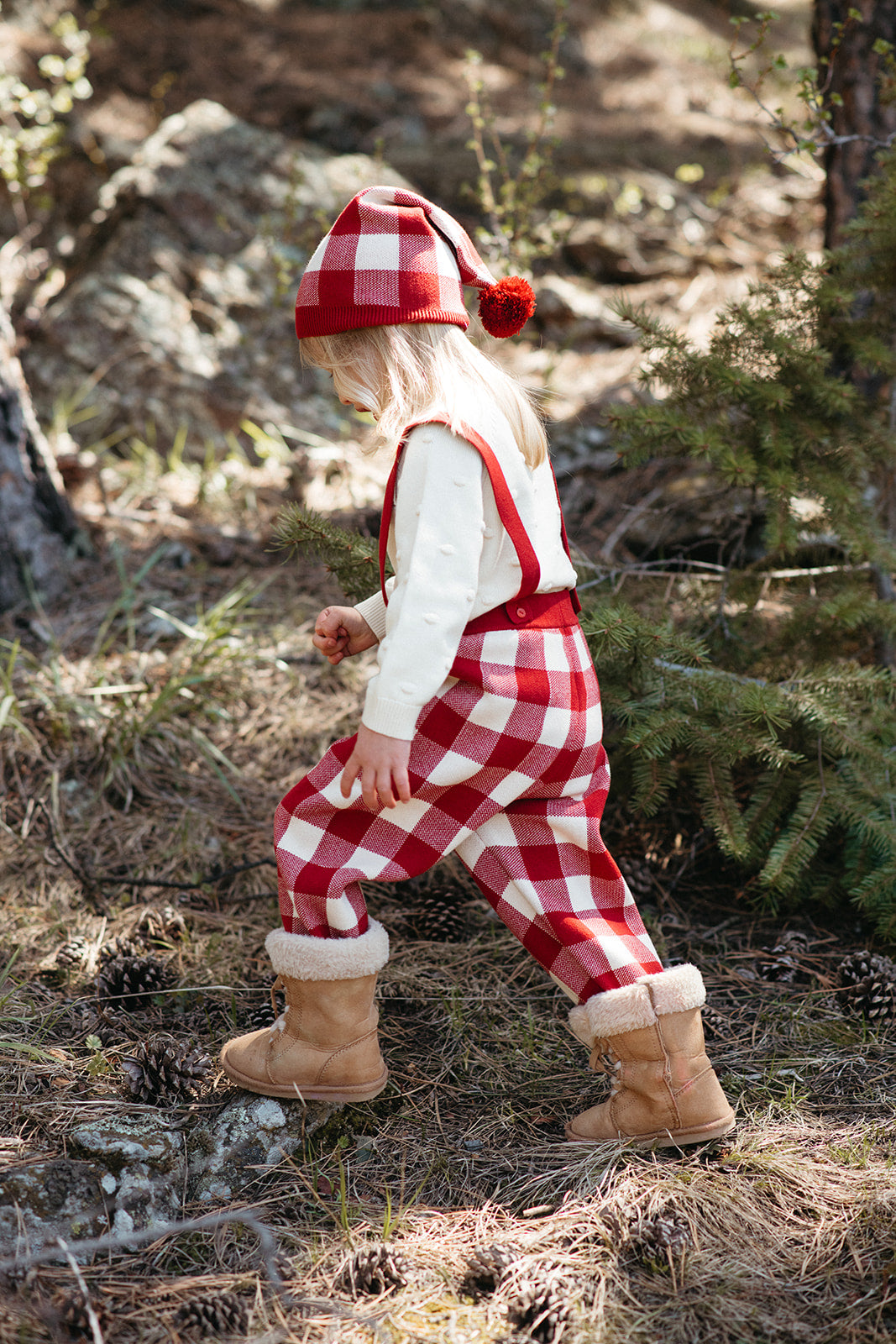 Red Gingham Knit Long Stocking Cap
