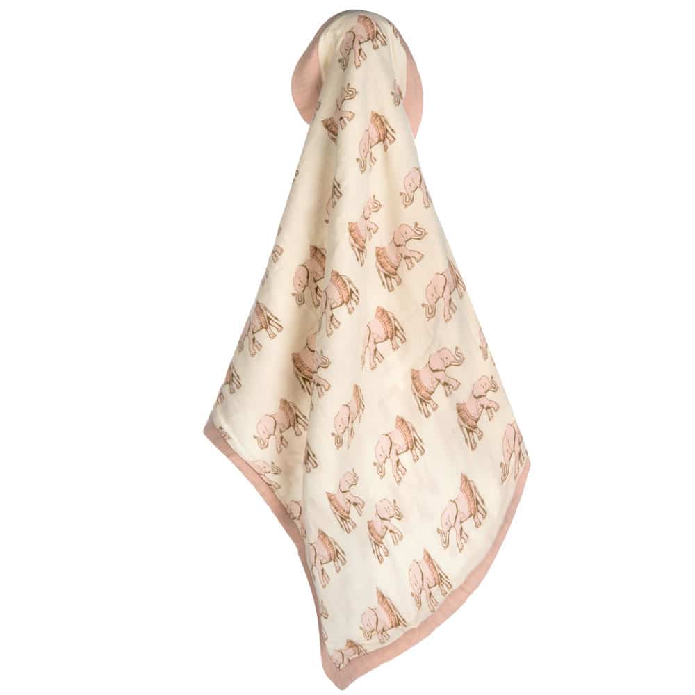 Unfolded Natural and Rose Color Big Lovey Blanket with the Tutu Elephant Wildlife Print Made of Organic Cotton and Bamboo by Milkbarn Kids