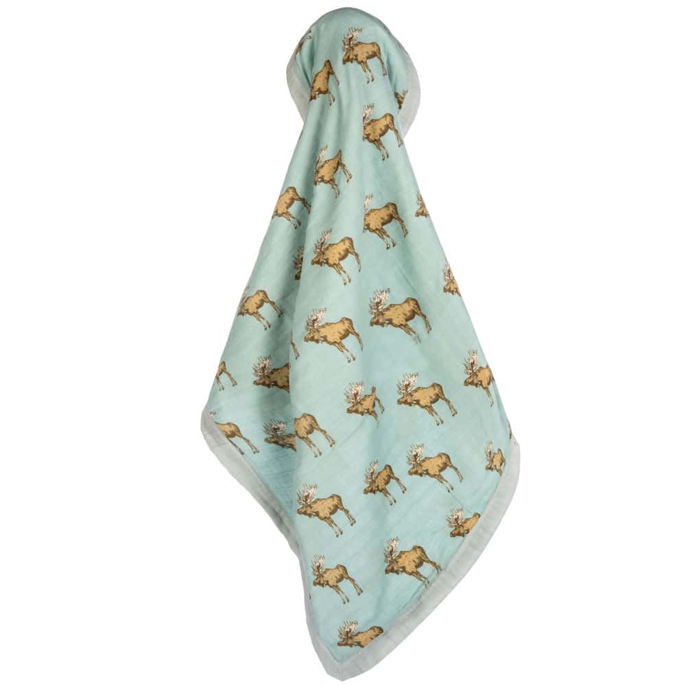 Unfolded Light Blue Big Lovey Blanket with the Blue Moose Wildlife Print Made of Organic Cotton and Bamboo by Milkbarn Kids