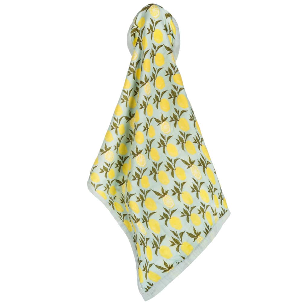 Unfolded Mint or Muted Green Big Lovey Blanket with the Lemon Citrus Print Made of Organic Cotton and Bamboo by Milkbarn Kids