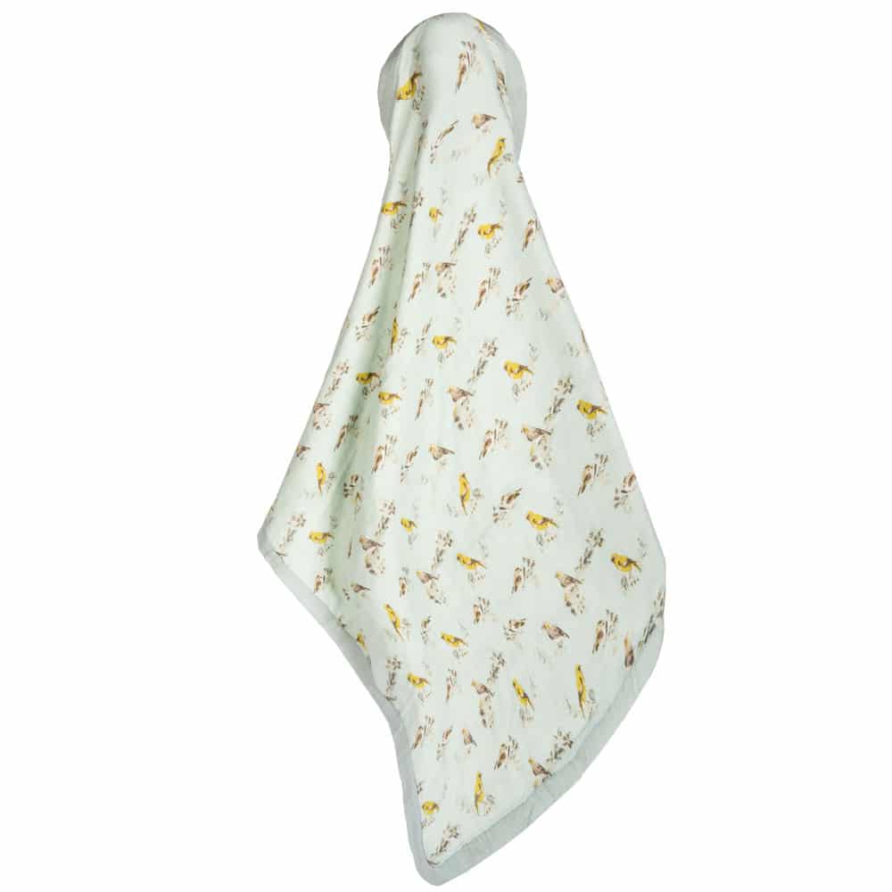 Unfolded Light Blue Big Lovey Blanket with the Blue Bird Print Made of Organic Cotton and Bamboo by Milkbarn Kids