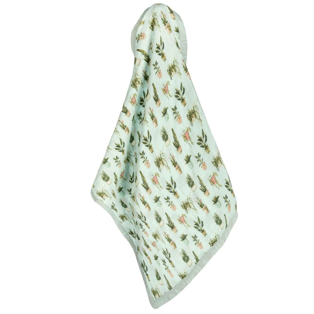 Unfolded Mint or Muted Green Color Big Lovey Blanket with the Potted Plants and Succulents Print Made of Organic Cotton and Bamboo by Milkbarn Kids