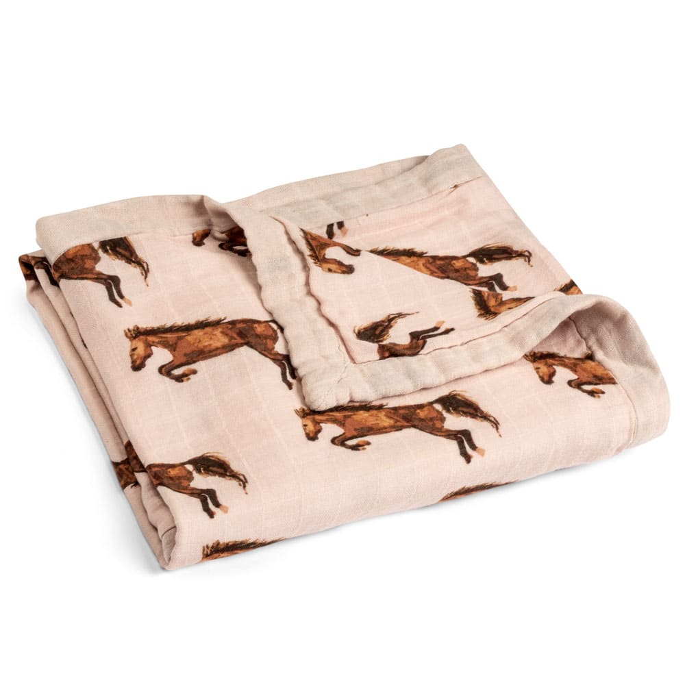 Folded Rose or Pink Color Big Lovey Blanket with the Horse or Stallion or Mare Print Made of Organic Cotton and Bamboo by Milkbarn Kids