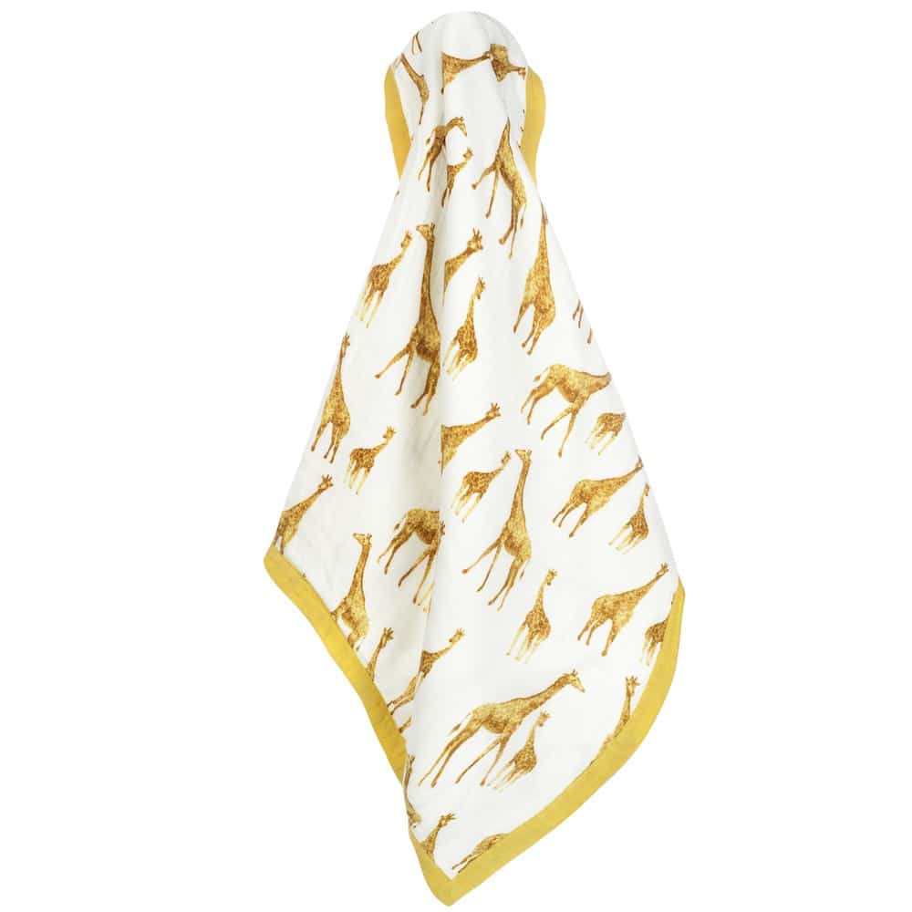Unfolded Big Lovey Blanket with the Orange Giraffe Wildlife Print Made of Organic Cotton and Bamboo by Milkbarn Kids