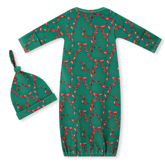 Cotton Stretch Newborn Gown & Hat Set Holiday Ribbon