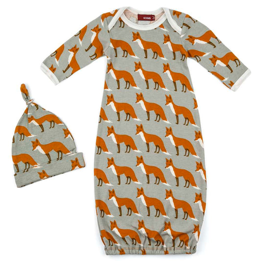 Milkbarn Kids Organic Gown and Hat Set in the Orange Fox Print
