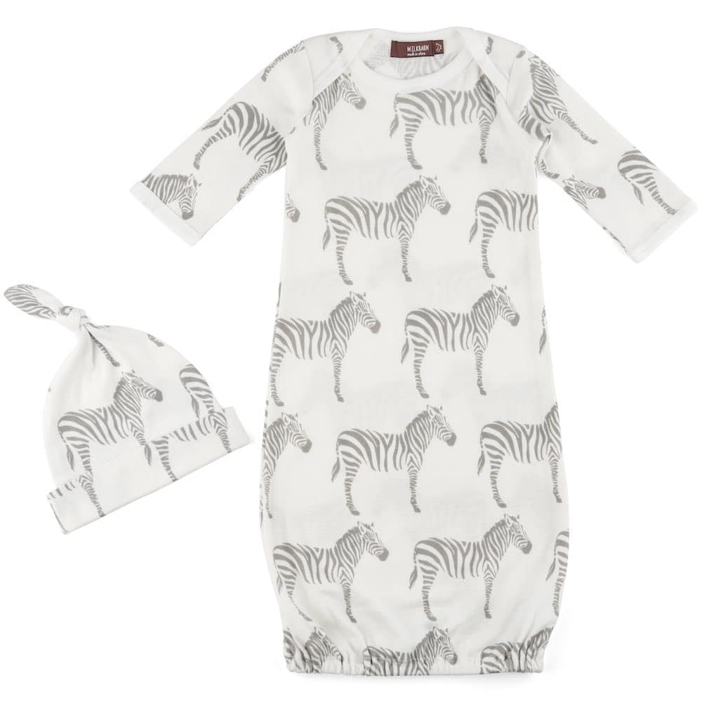 Milkbarn Kids organic newborn and baby gown and hat set in the grey zebra print