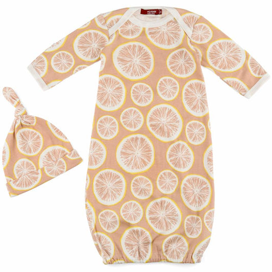 Milkbarn Kids organic newborn and baby gown and hat set in the grapefruit print