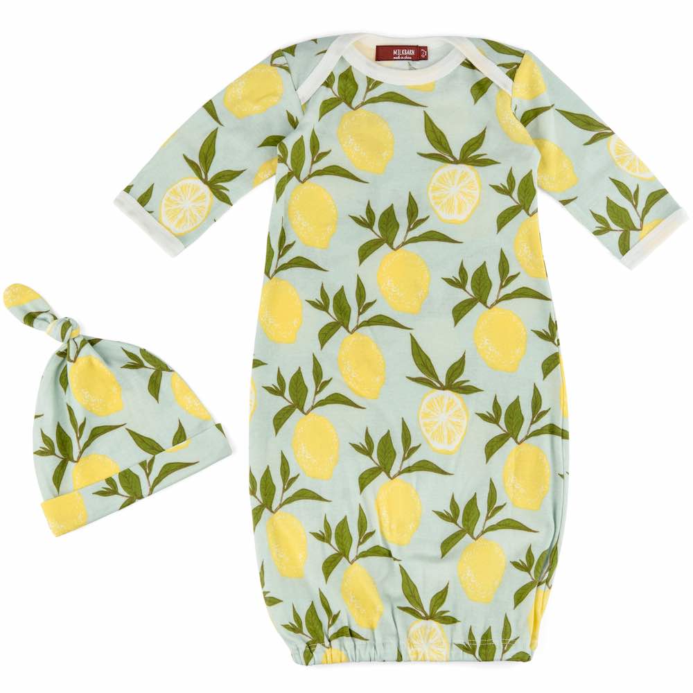 Milkbarn Kids organic newborn and baby gown and hat set in the lemon print
