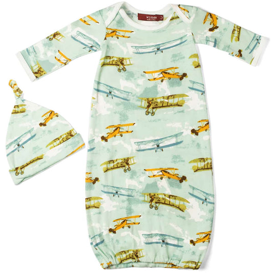 Vintage Planes Organic Newborn Gown and Hat Set