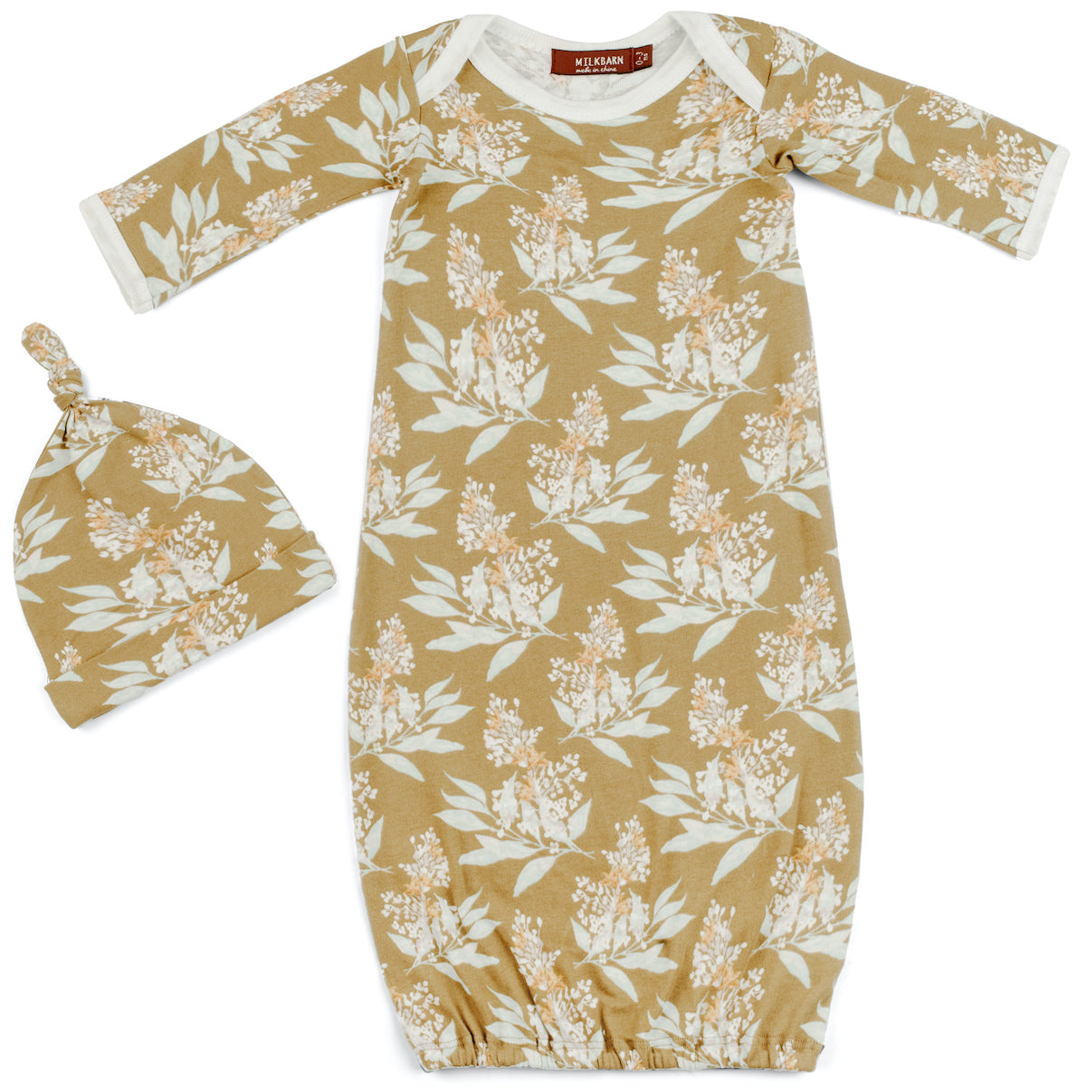 Gold Floral Organic Cotton Newborn Gown & Hat Set – MILKBARN Gold Floral Organic Cotton Newborn Gown & Hat Set – MILKBARN