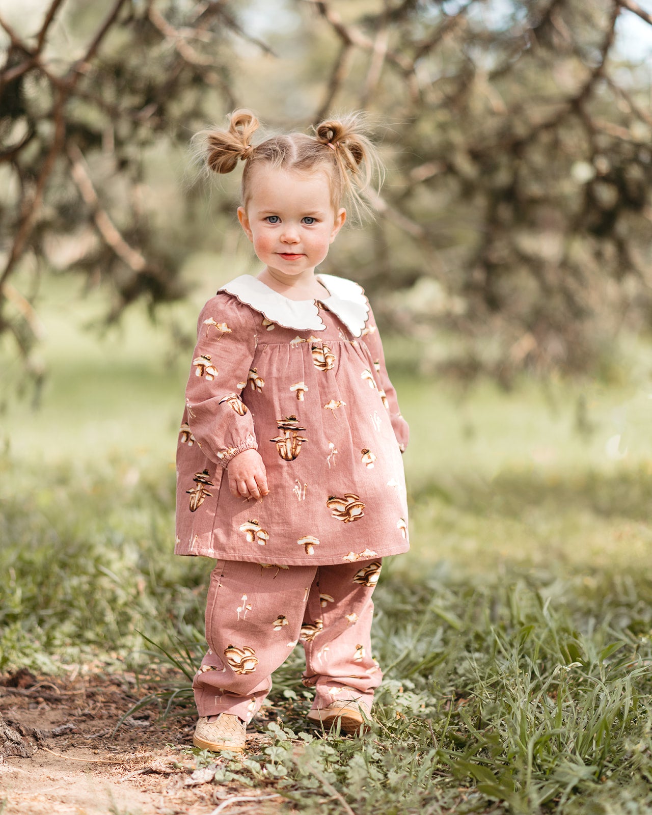 Mushroom Corduroy Long Sleeve Collared Dress