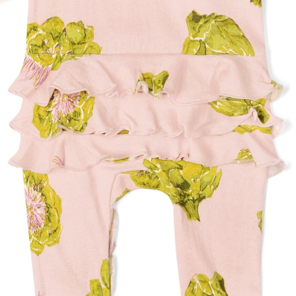 Artichoke Organic Cotton Rear Detail Ruffle Zipper Footed Romper by Milkbarn Kids