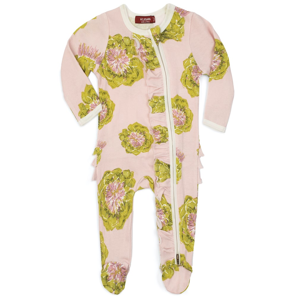 Artichoke Organic Cotton Ruffle Zipper Footed Romper by Milkbarn Kids