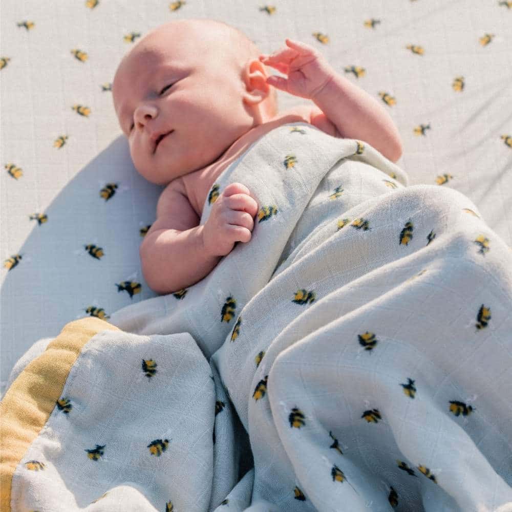 Baby on the Bamboo Bumblebee Muslin Fitted Sheets and Big Lovey by Milkbarn Kids
