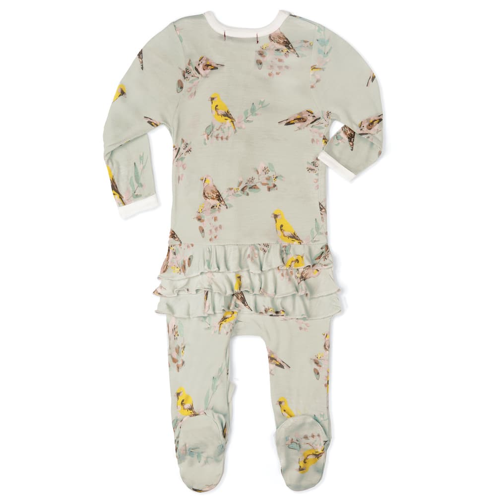 Blue Bird Bamboo Rear Ruffle Zipper Footed Romper by Milkbarn Kids