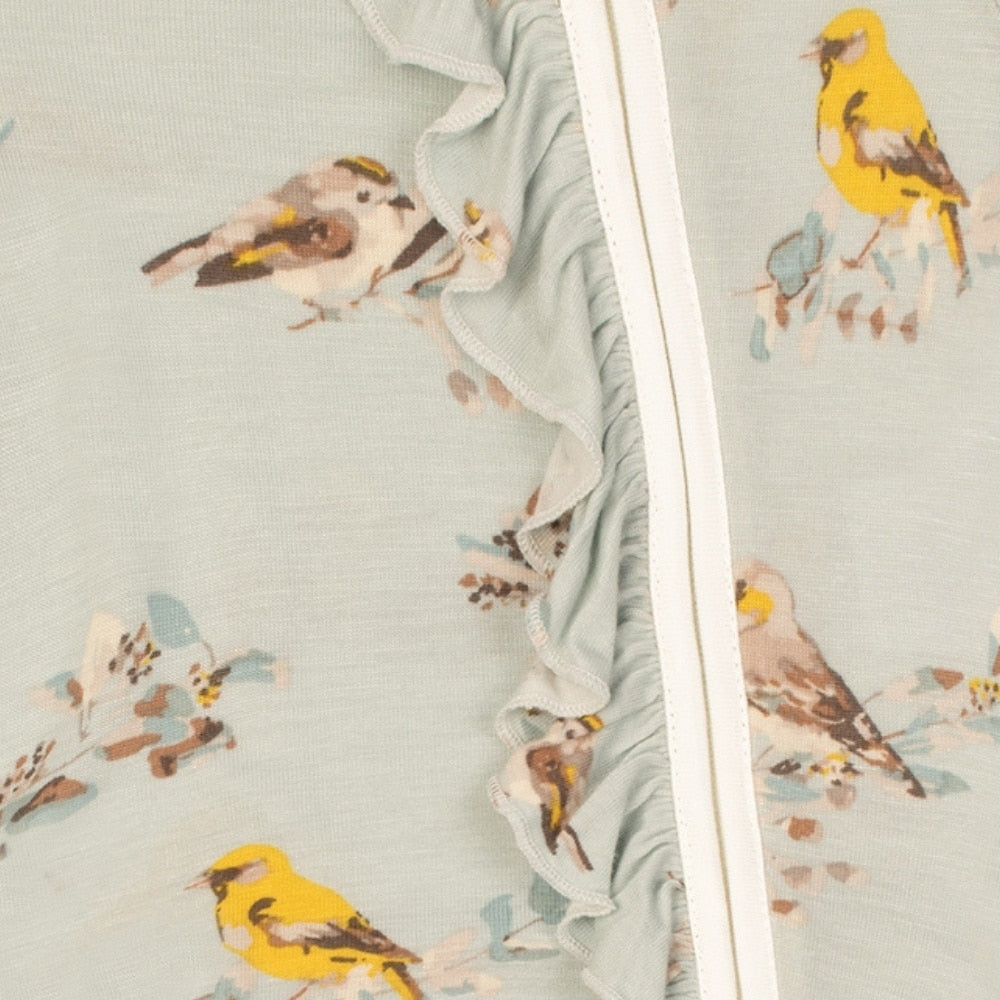 Blue Bird Front Detail Bamboo Ruffle Zipper Footed Romper by Milkbarn Kids