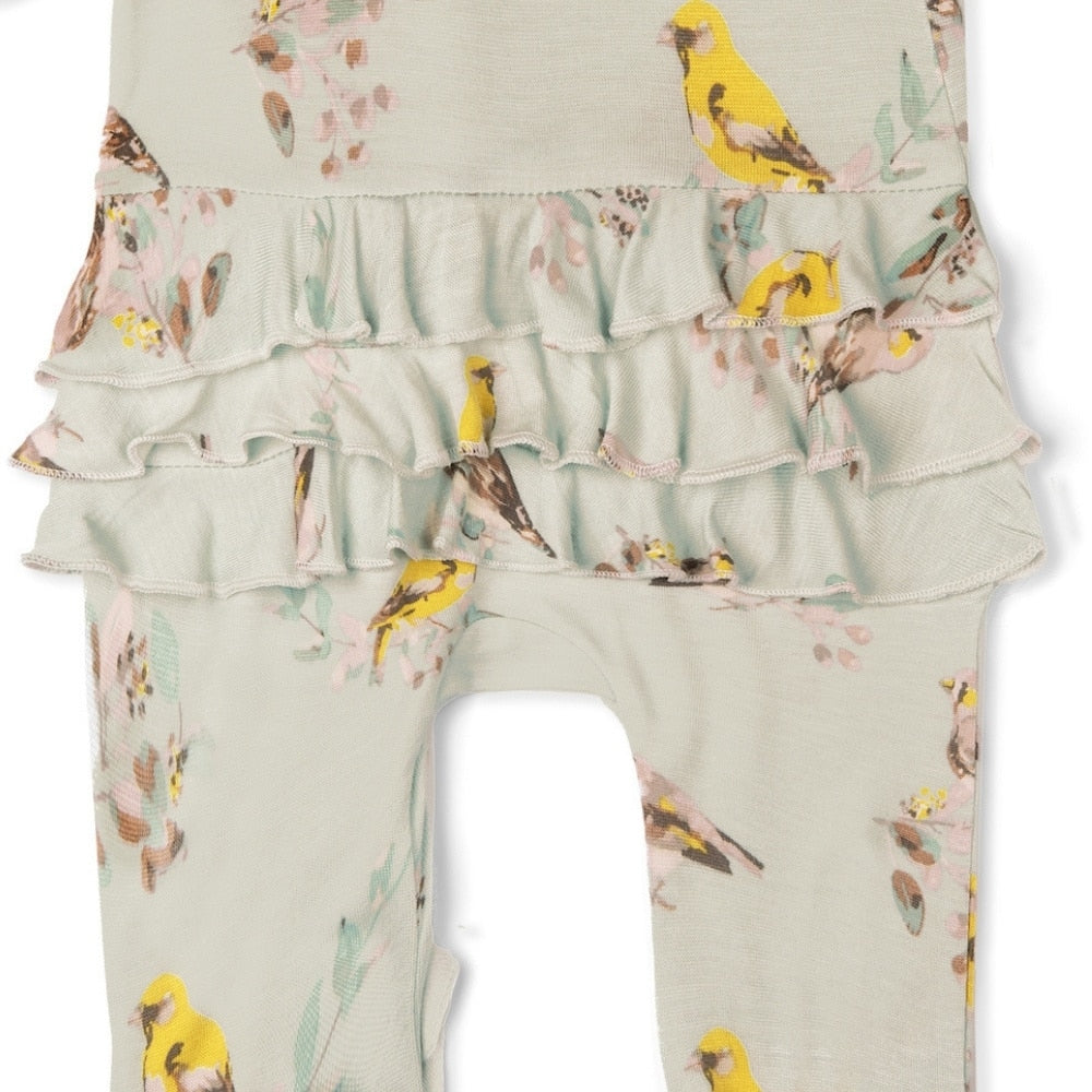 Blue Bird Rear Detail Bamboo Ruffle Zipper Footed Romper by Milkbarn Kids