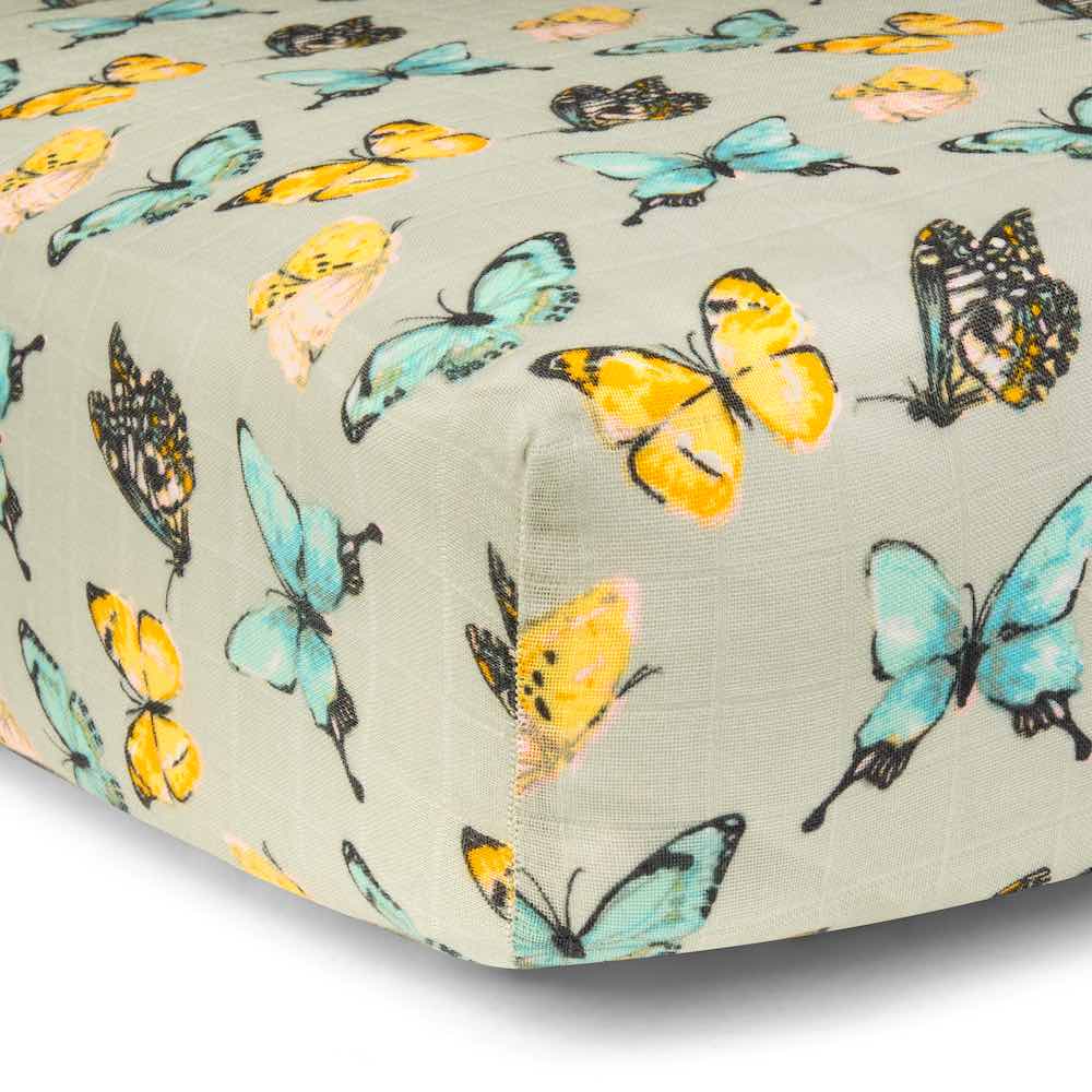 Butterfly Bamboo Muslin Fitted Crib Sheet by Milkbarn Kids