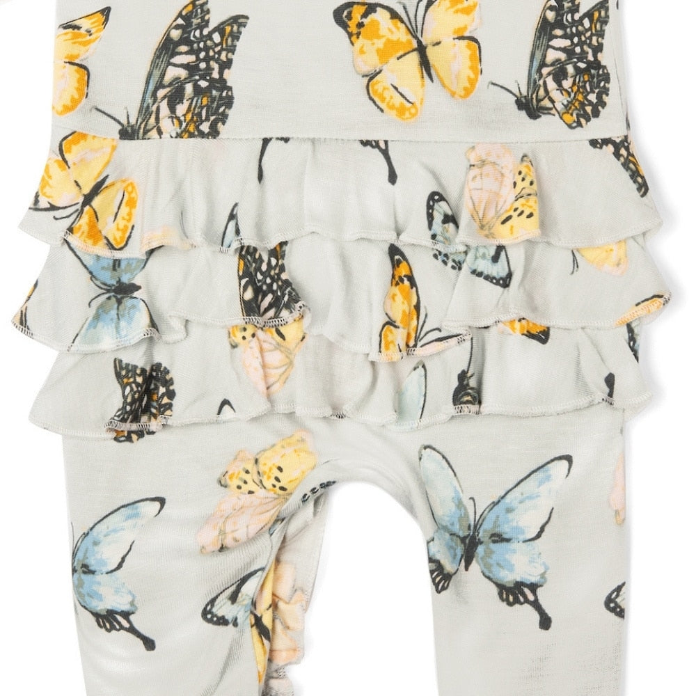 Butterfly Bamboo Rear Detail Ruffle Zipper Footed Romper by Milkbarn Kids