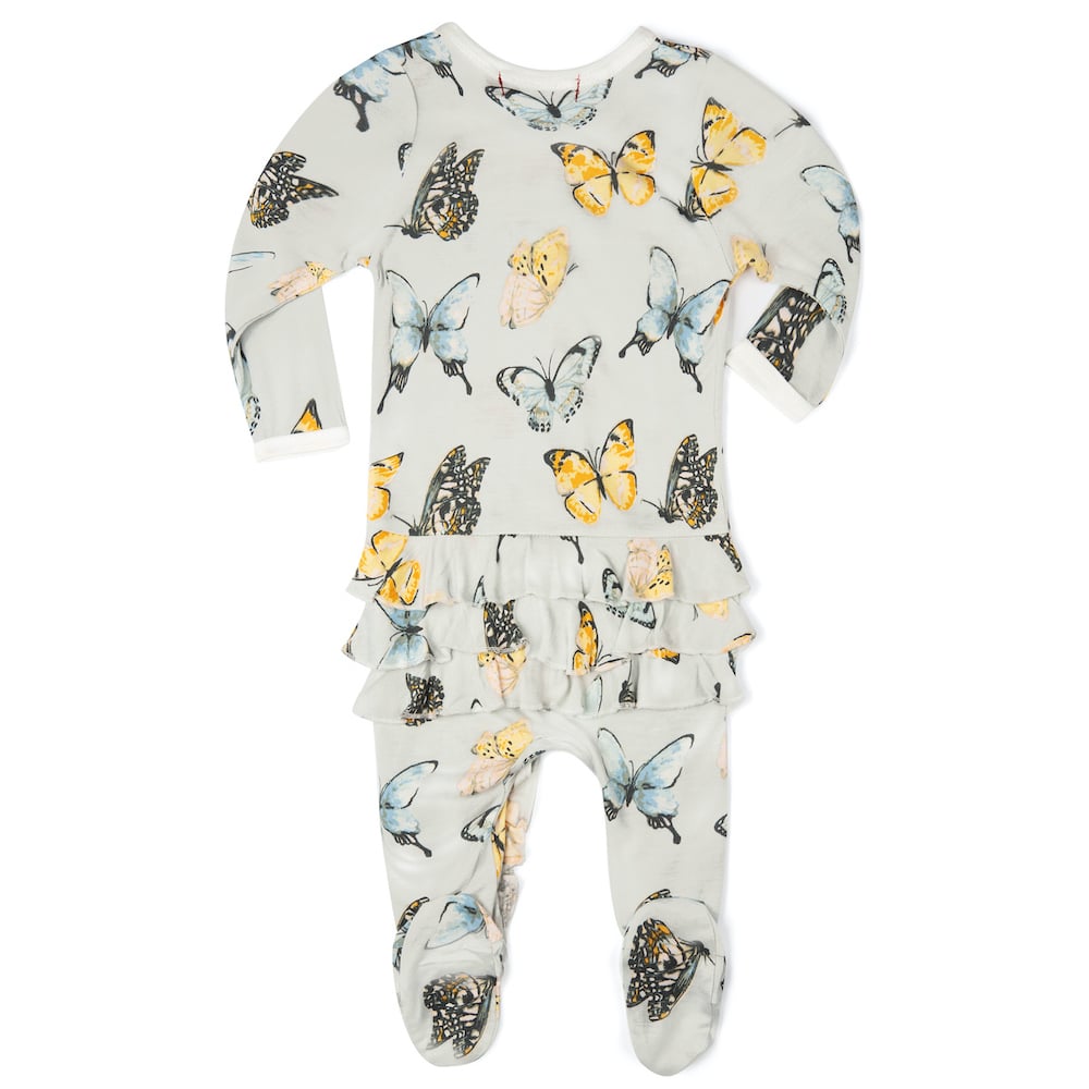 Butterfly Bamboo Rear Ruffle Zipper Footed Romper by Milkbarn Kids