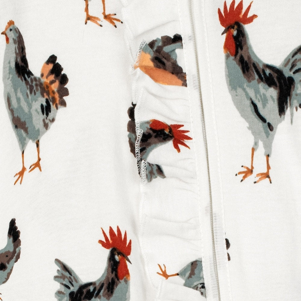 Chicken Organic Cotton Front Detail Ruffle Zipper Footed Romper by Milkbarn Kids