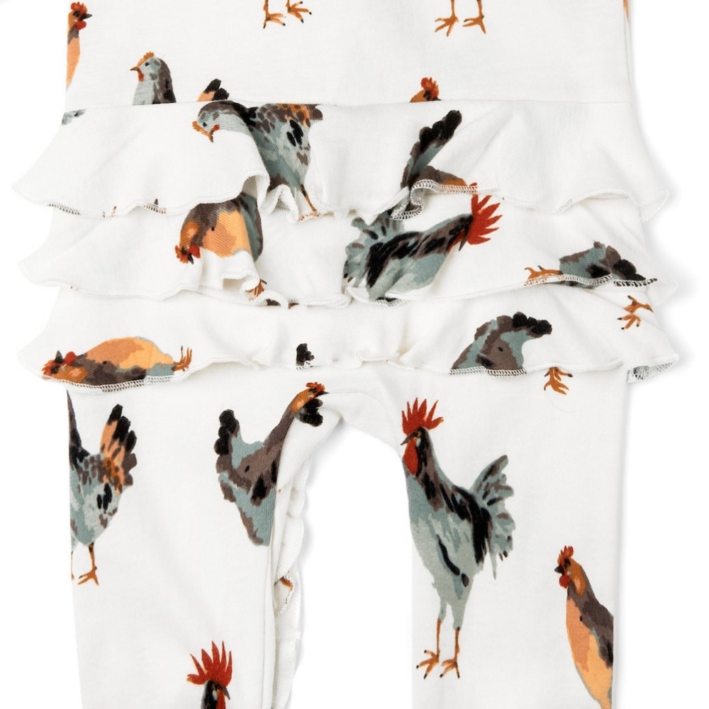 Chicken Organic Cotton Rear Detail Ruffle Zipper Footed Romper by Milkbarn Kids