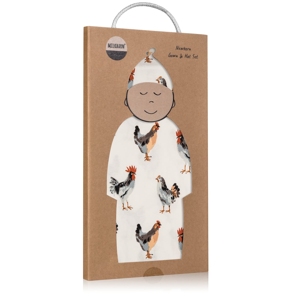 Packaging for the organic Chicken Newborn Gown and Hat Set by Milkbarn Kids