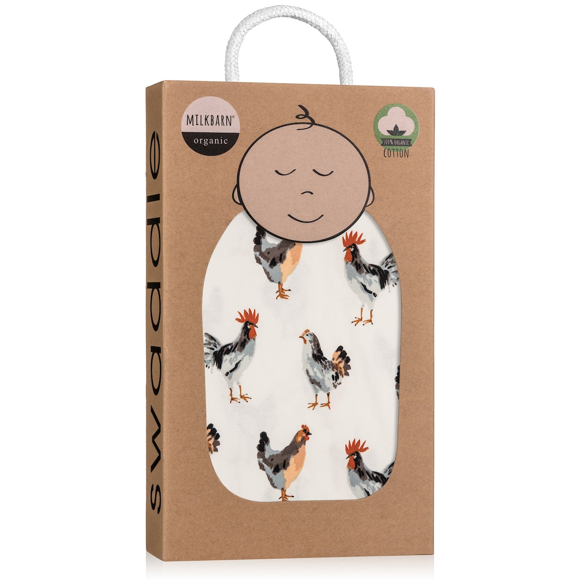 Packaging for the organic Chicken Muslin Swaddle Blanket by Milkbarn Kids