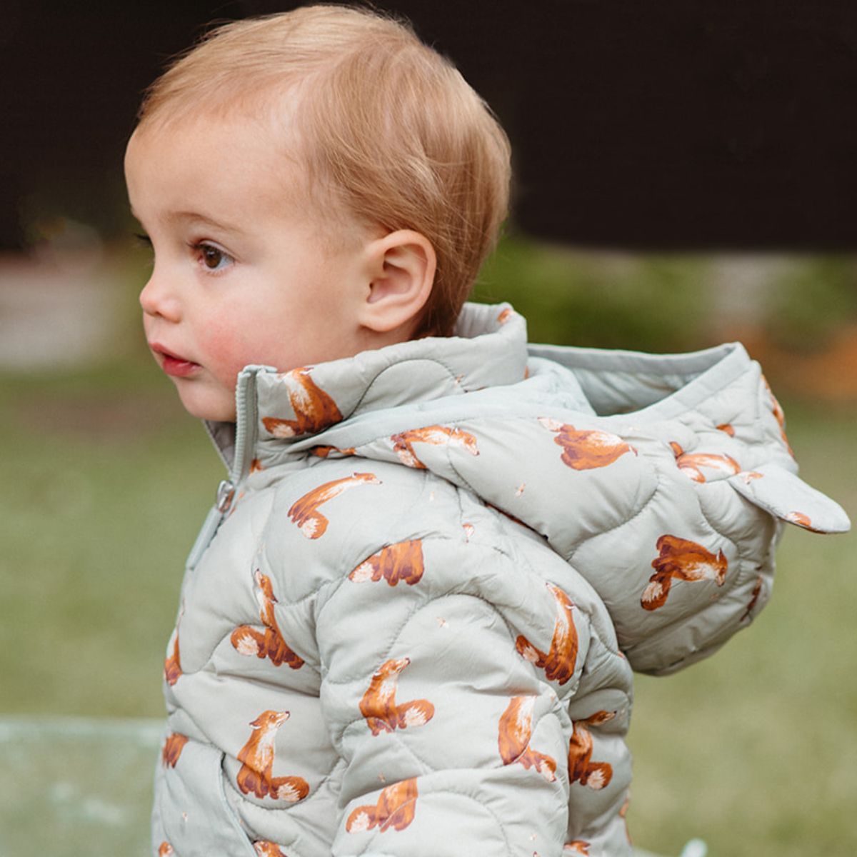 Baby or toddler looking off while wearing the Fox Lightweight Quilted Down Hooded Jacket with the hood down.