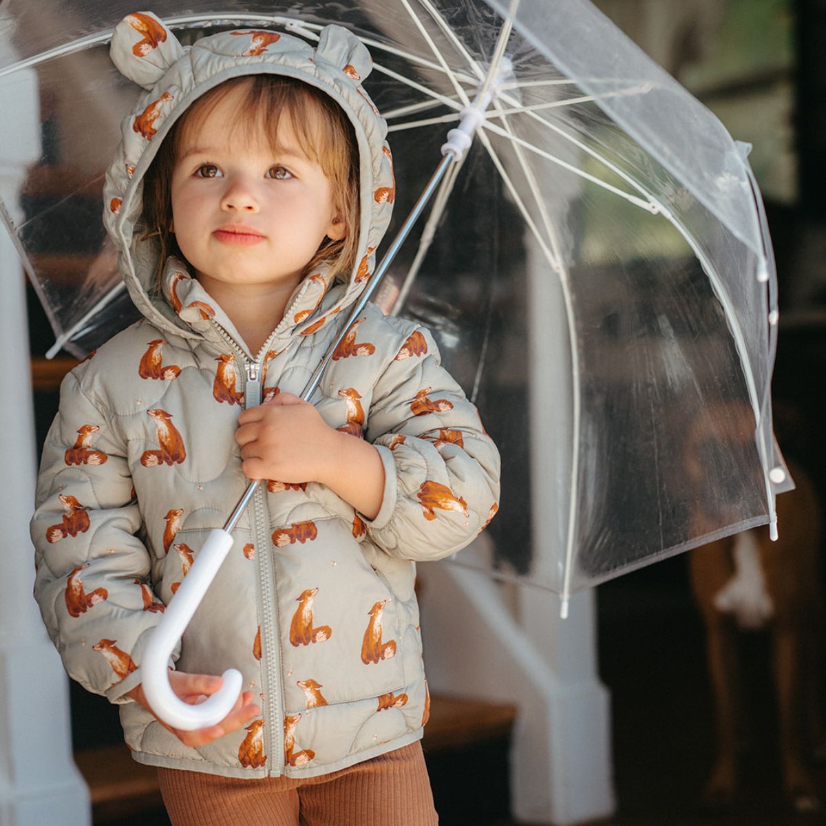 Little toddler holding a clear umbrella and wearing the Fox Lightweight Quilted Down Hooded Jacket