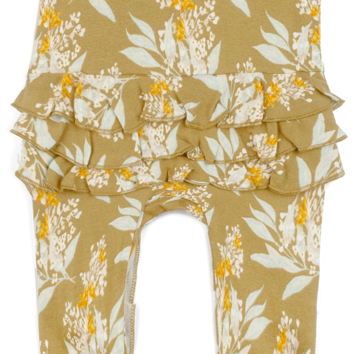Gold Floral Organic Cotton Ruffle Zipper Footed Romper Detail