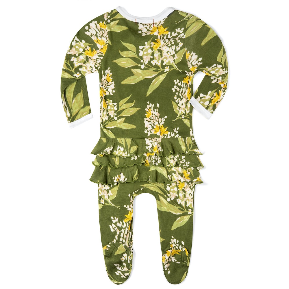 Green Floral Bamboo Rear Ruffle Zipper Footed Romper by Milkbarn Kids