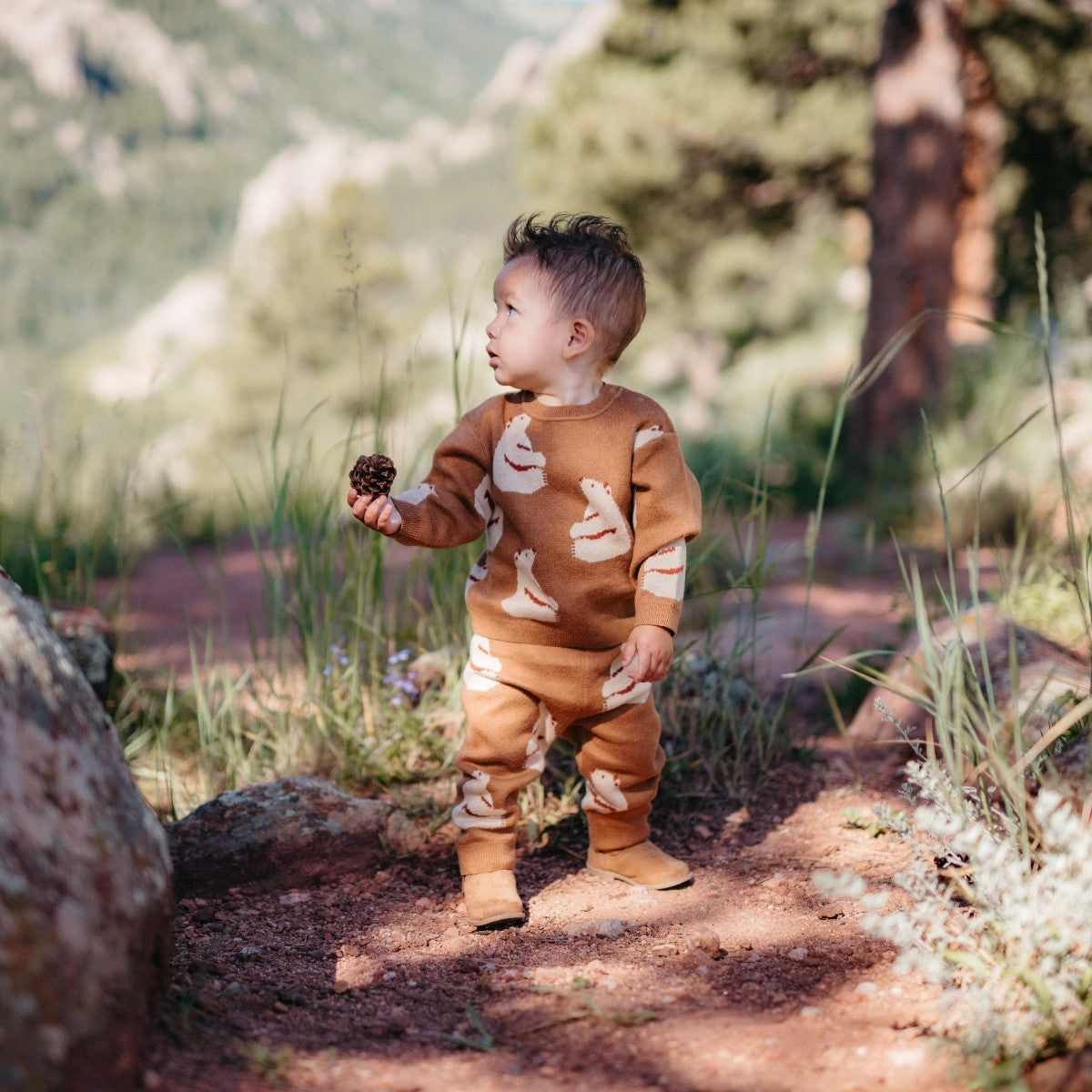 Baby boy in the wilderness looking off holding a pinecone and wearing the Honey Bear Knitted Birdseye Jacquard Sweatpants and sweater
