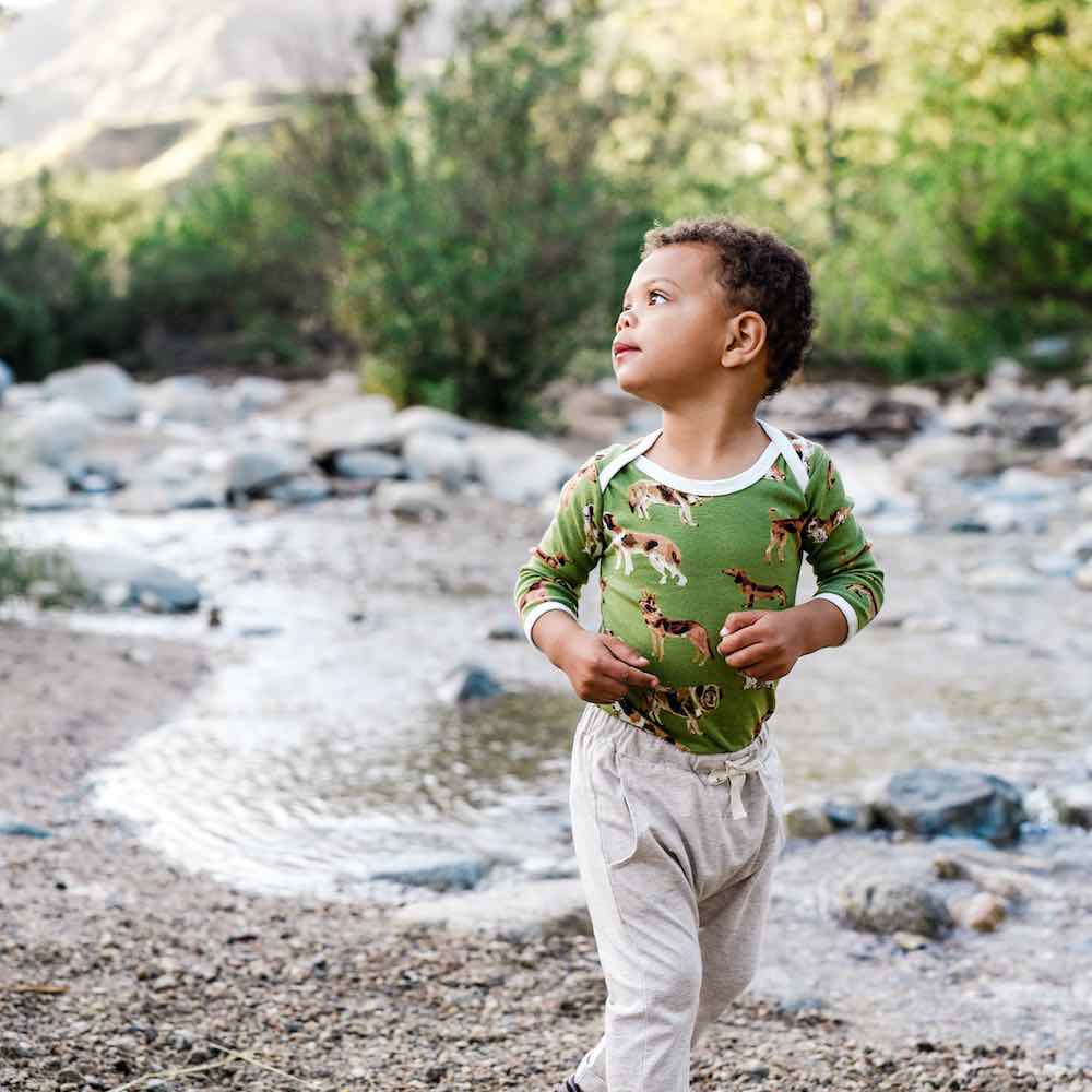 Jogger Pant or Lounge Pant in the Organic Cotton Heathered Oatmeal Fabric with a Long Sleeve One Piece in the Green Dog Print