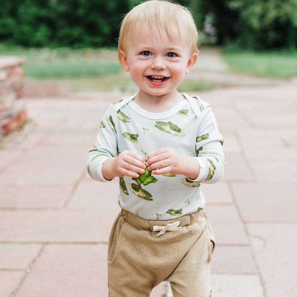 Jogger Pant or Lounge Pant in the Organic Cotton and Bamboo Rust Pinstripe Fabric Paired with the Bamboo Long Sleeve One Piece in the Leapfrog Print by Milkbarn Kids