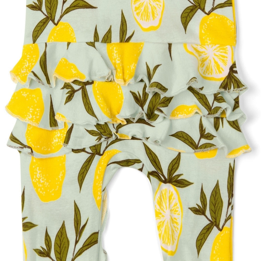 Lemon Organic Cotton Rear Detail Ruffle Zipper Footed Romper by Milkbarn Kids