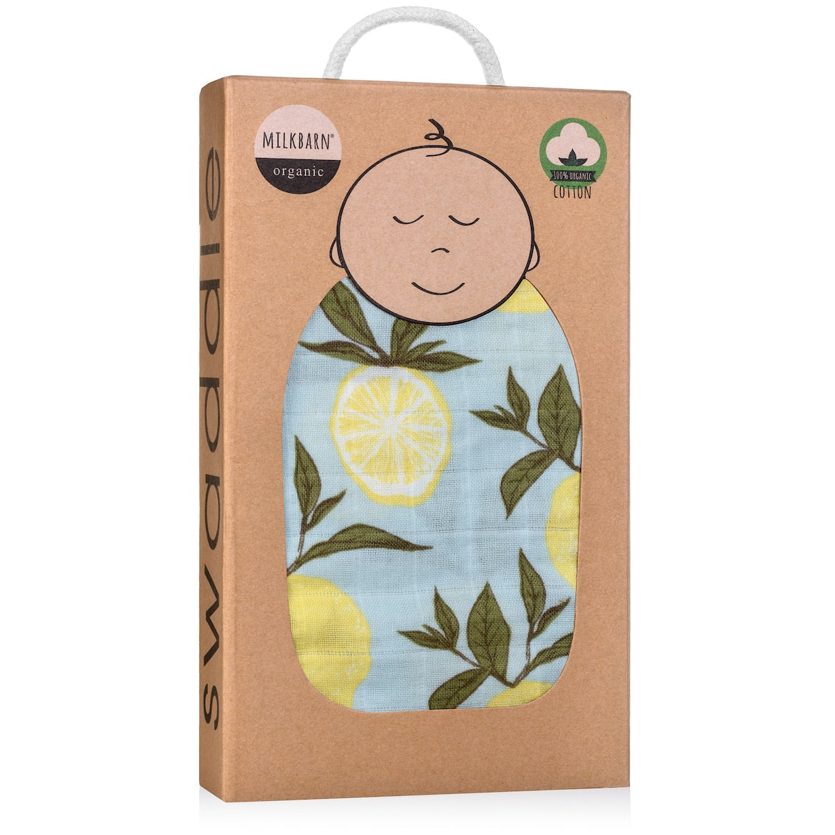 Packaging for the organic Lemon Newborn Swaddle Muslin Blanket by Milkbarn Kids