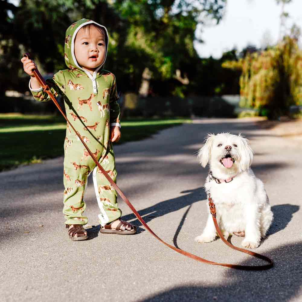 Little Boy and His Dog on a Leash Wearing an Organic Cotton Hooded Romper in the Green Dog Print by Milkbarn Kids