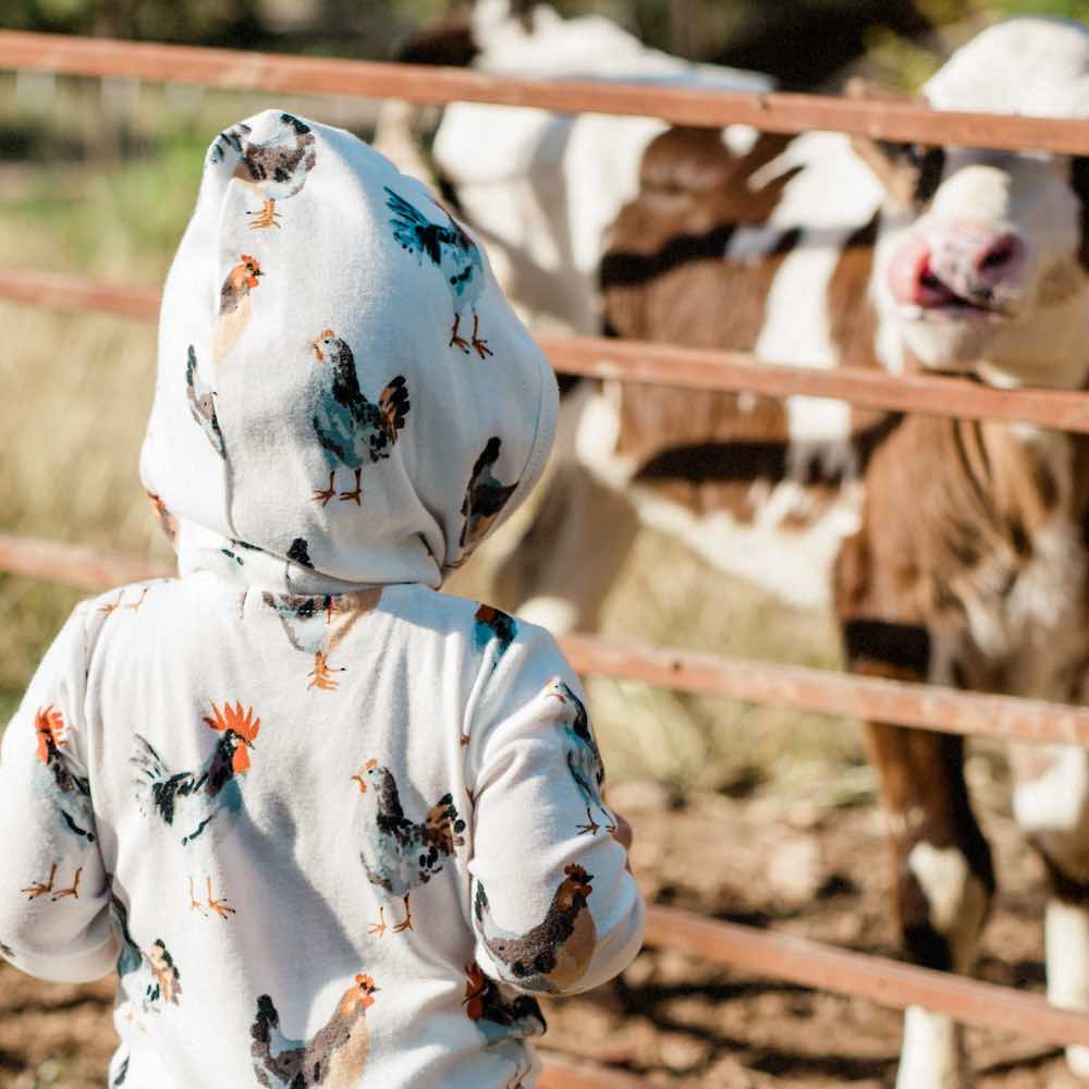 Milkbarn Kids Rayon from Bamboo Hooded Romper baby Apparel Pajama in Blue Fish fabric Shot