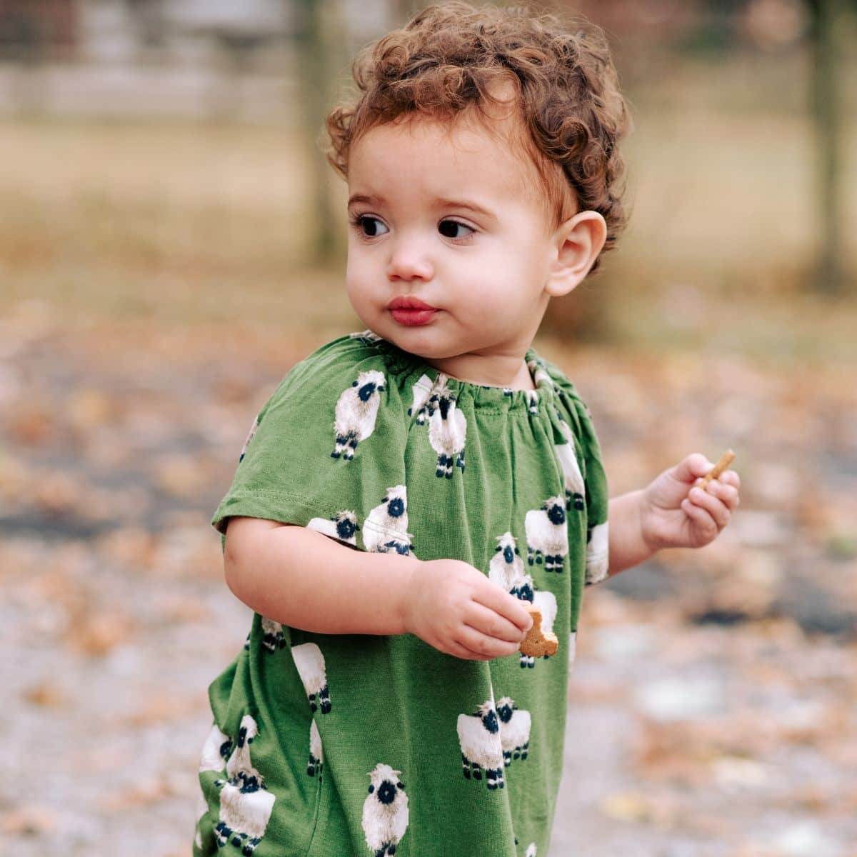 Baby girl wearing the Bamboo Valais Sheep Dress and Bloomer set