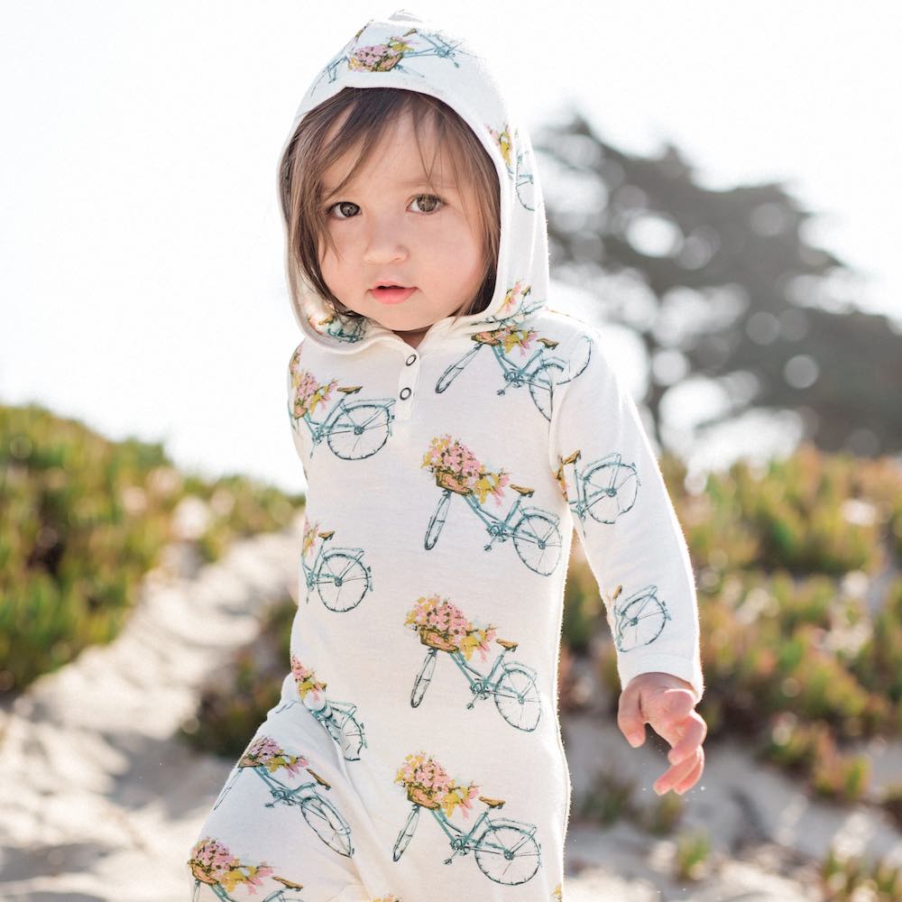 Milkbarn Hooded Romper in Bamboo Floral Bicycle print