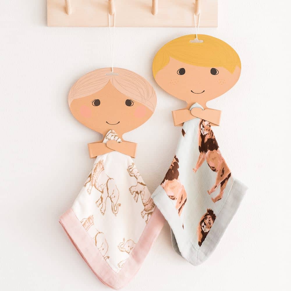 Packaging display of the Milkbarn Kids baby Mini Lovey blankets
