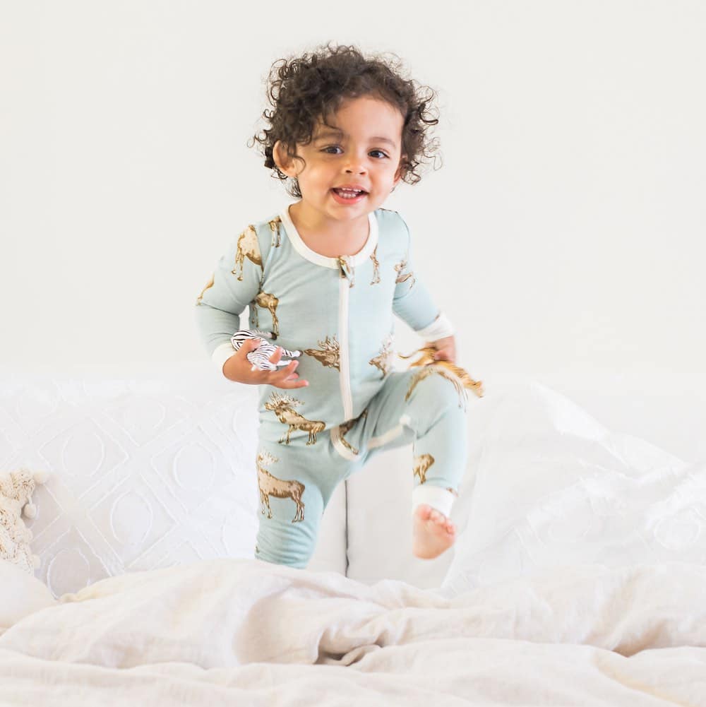 Milkbarn Zipper Pajama in Bamboo Blue Moose print
