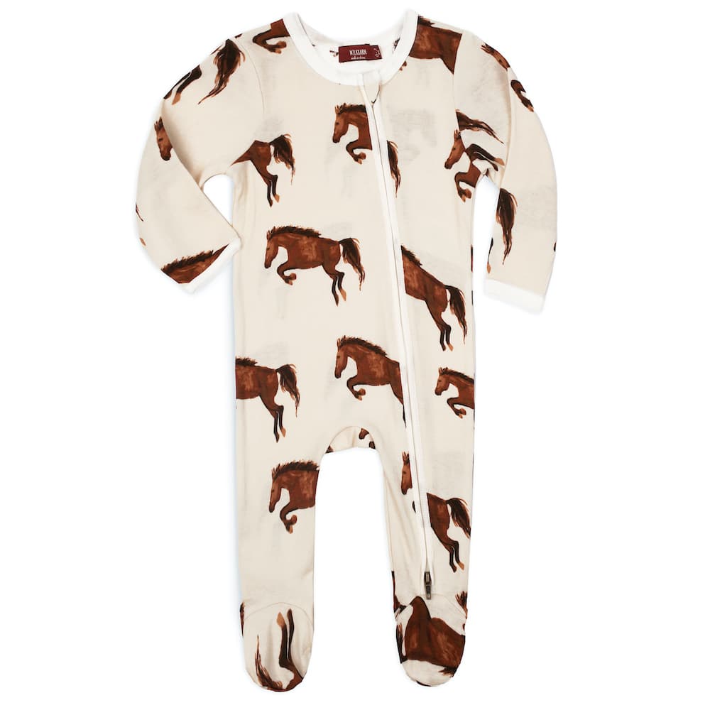 Natural Horse Organic Cotton Zipper Footed Romper by Milkbarn Kids
