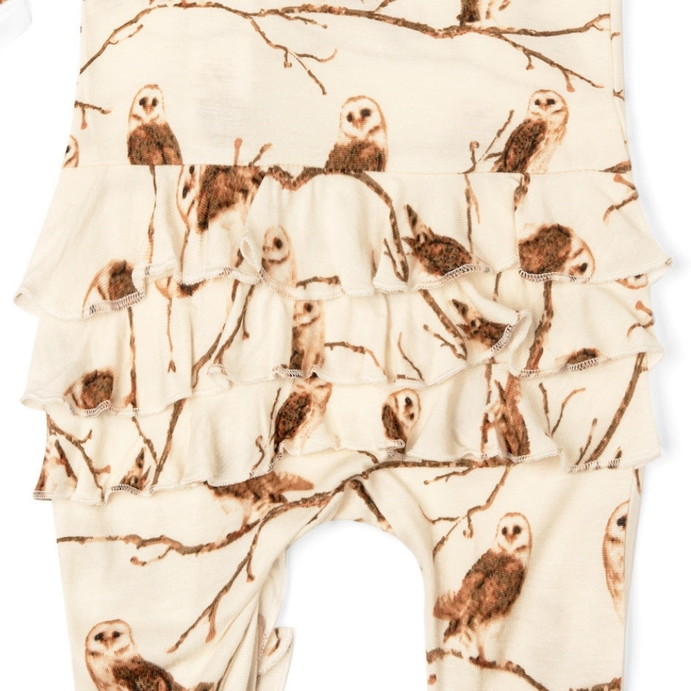 Owl Bamboo Rear Ruffle Zipper Footed Romper by Milkbarn Kids