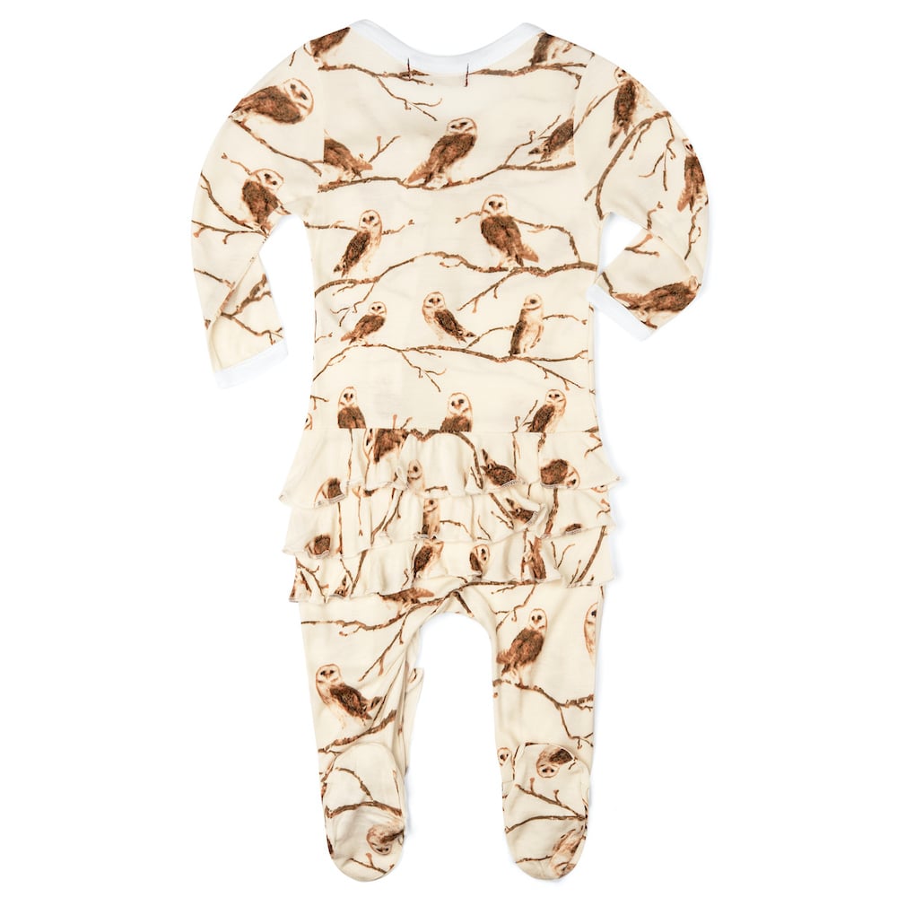 Owl Bamboo Rear Ruffle Zipper Footed Romper by Milkbarn Kids