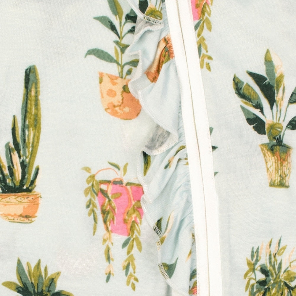 Potted Plant Front Detail Bamboo Ruffle Zipper Footed Romper by Milkbarn Kids