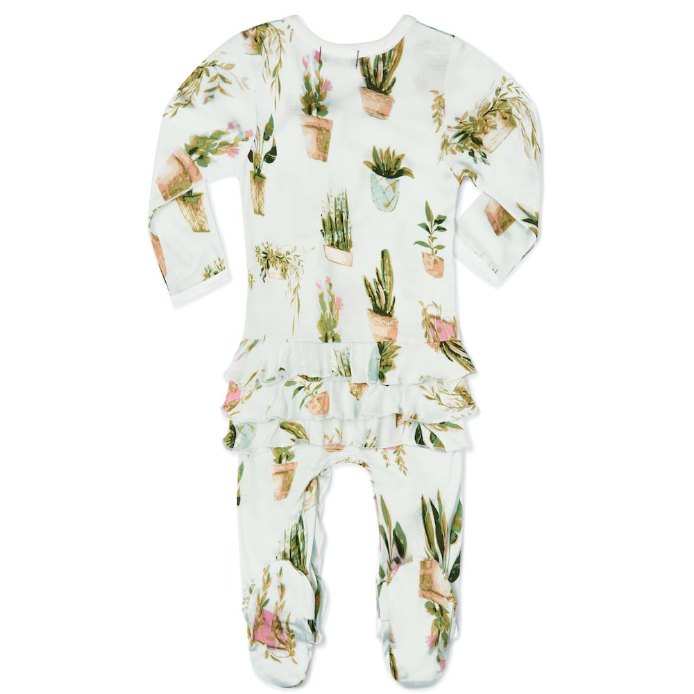Potted Plants Bamboo Rear Ruffle Zipper Footed Romper by Milkbarn Kids