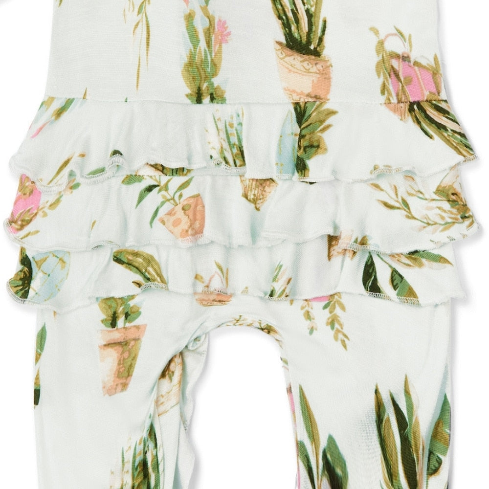 Potted Plants Rear Detail Bamboo Ruffle Zipper Footed Romper by Milkbarn Kids